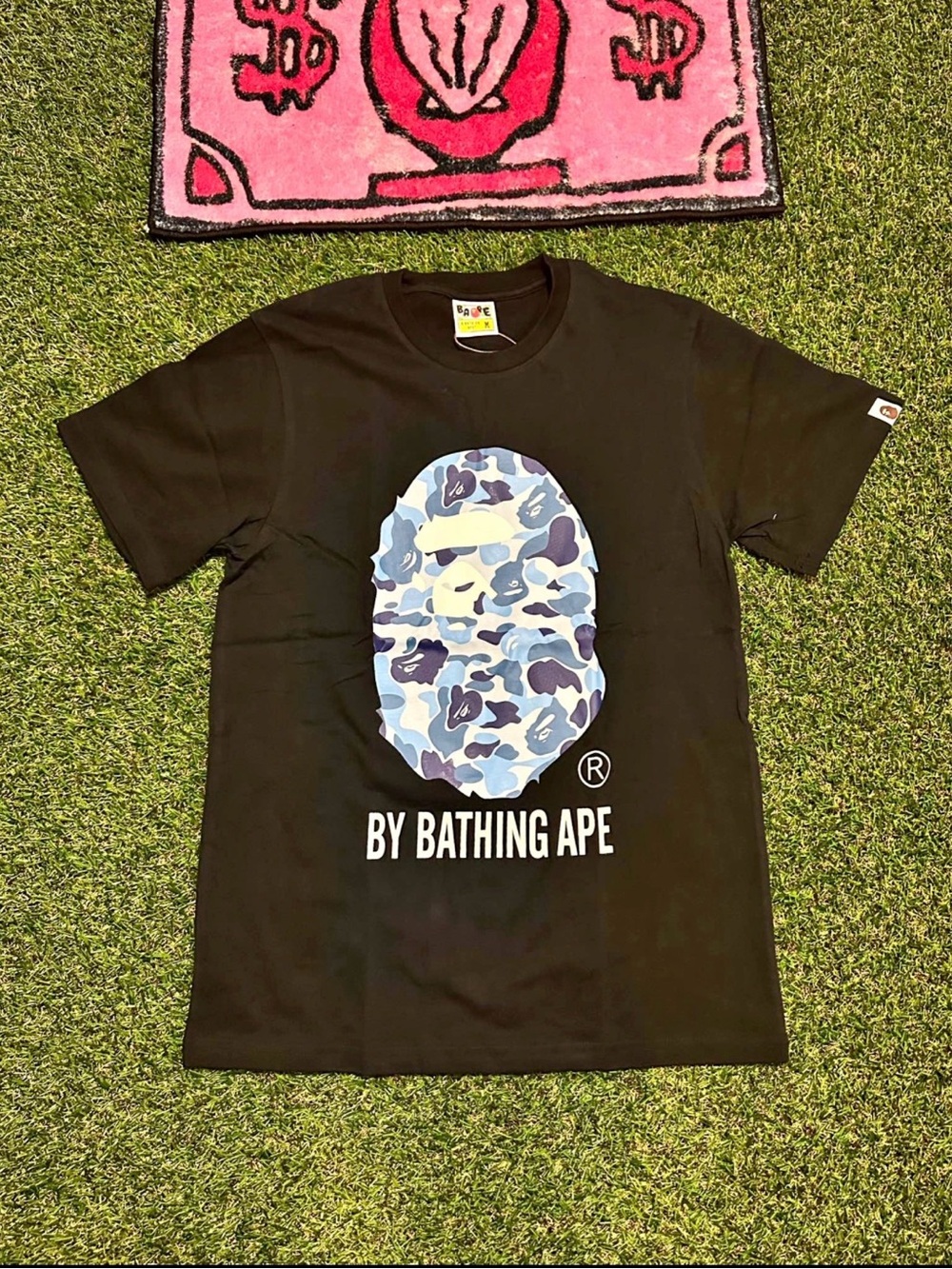 Bape Black Tee with Blue Camo Ape Head Graphic